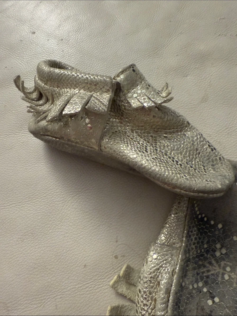 Freshly Picked Metallic Silver Baby Moccasins with Fringe